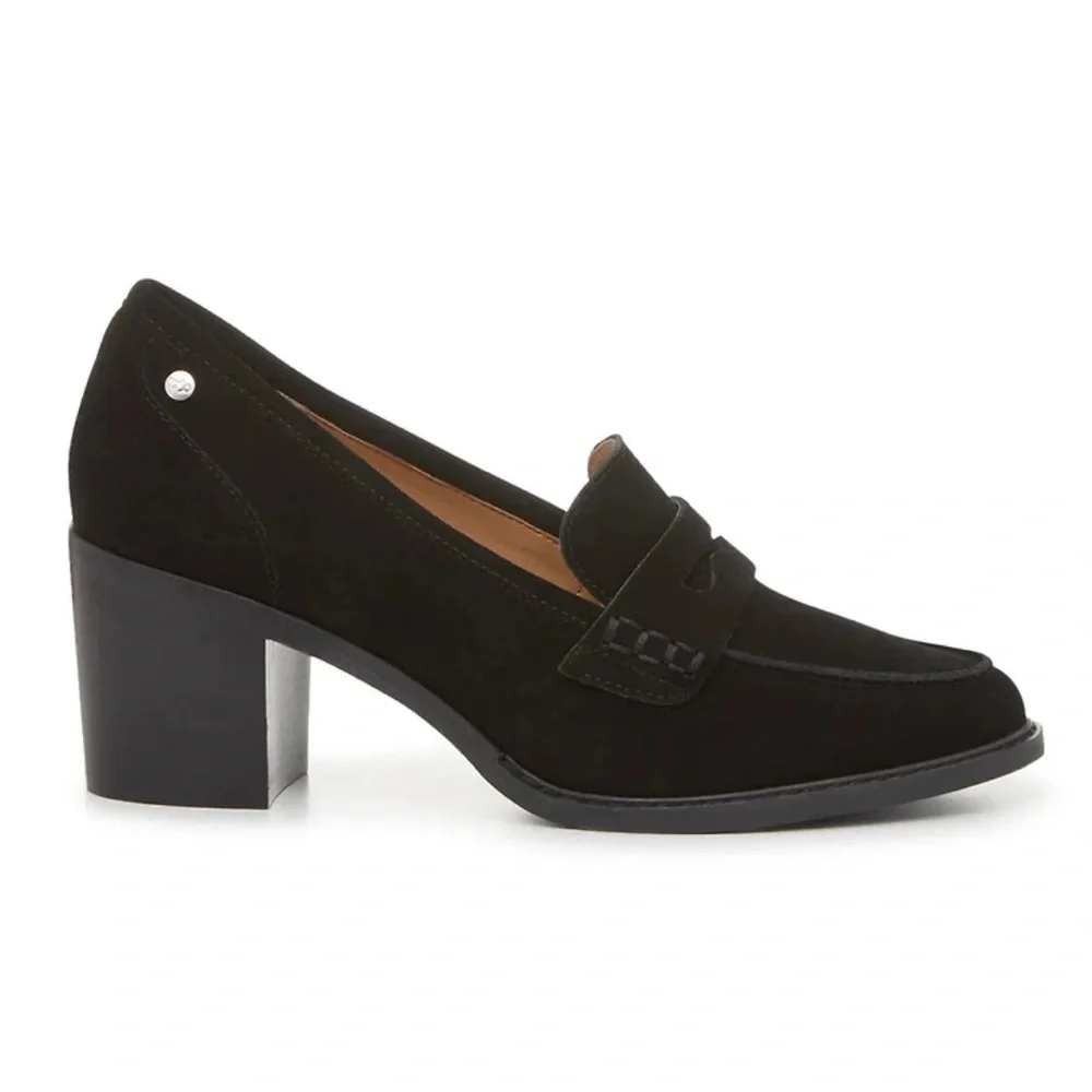 Hush Puppies Lolly Black Suede Penny Loafer Block Heel Pumps Chunky Womens 9